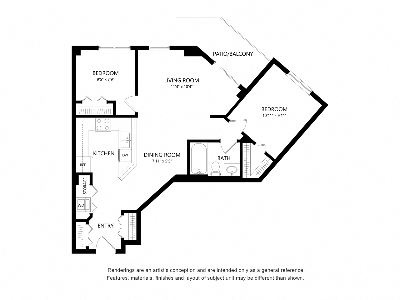 Floor plan for 2 beds, 1 bath, 796 sqft